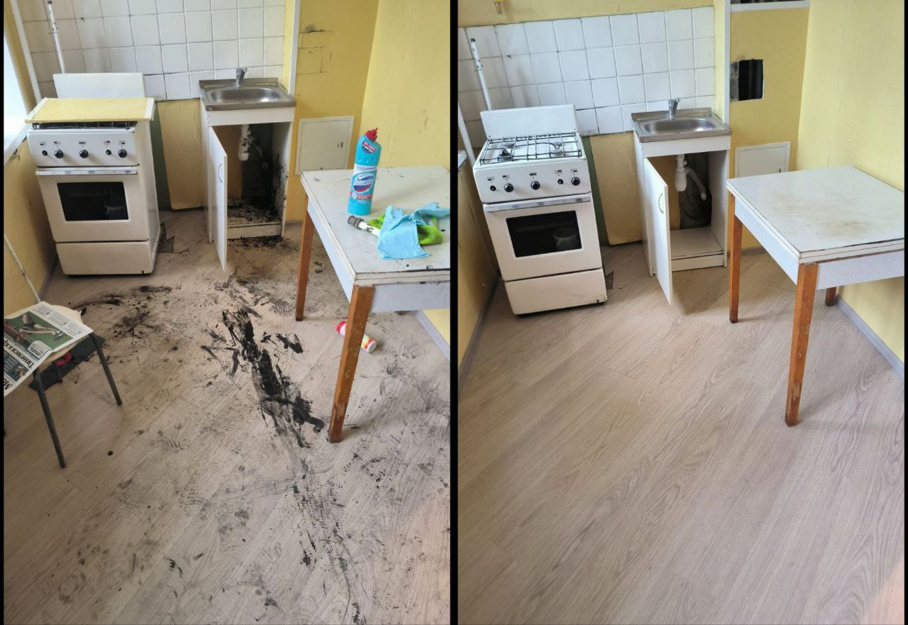 Сравнение пола до и после уборки Cleaning Raccoon: грязный пол со следами воды и идеально чистое покрытие после клининга